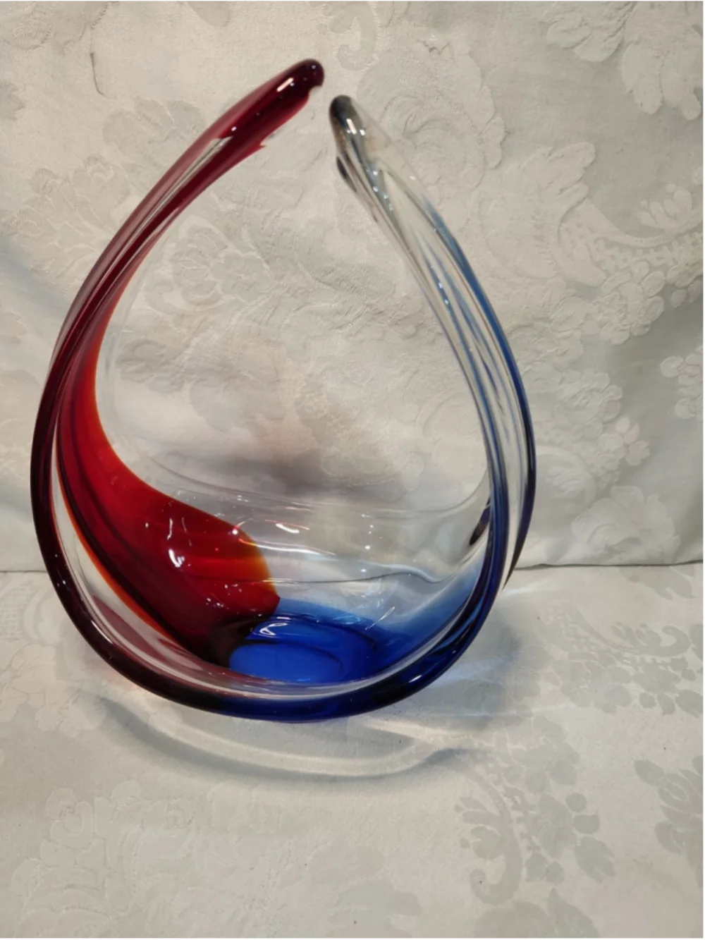 Vintage Art Glass Basket Vase Blue Red Stretched Handle Centerpiece Candy Dish